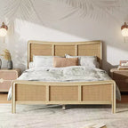 Christopher Knight Home Odila Boho Wood Platform Bed with Rattan Curved Adjustable Height Headboard