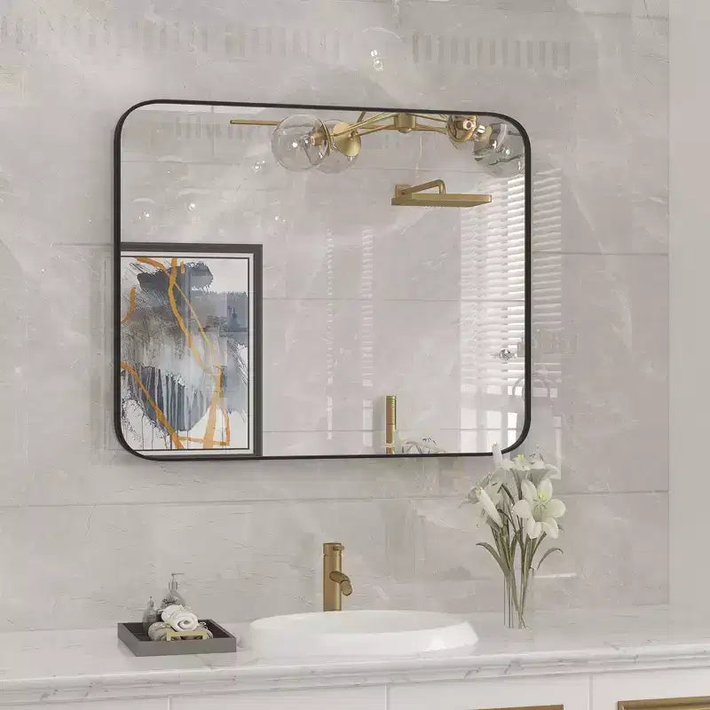 Miroir Mural de Salle de Bain Cadre Noir, Design Anti-Humidité et Anti-Bris (Horizontal/Vertical)