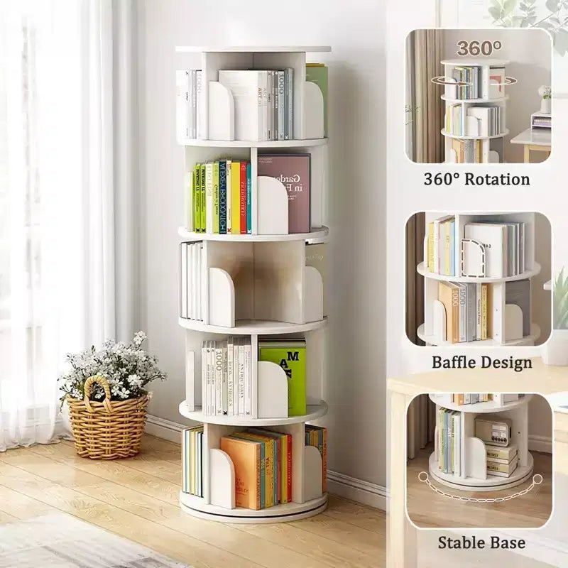 Étagère à Livres Pivotante, Tour de Bibliothèque Rotative à 360°, Étagère d'Angle à 5 Niveaux en Bois avec Roues pour Petits Espaces