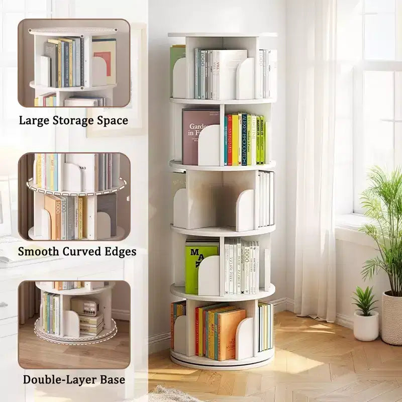 Étagère à Livres Pivotante, Tour de Bibliothèque Rotative à 360°, Étagère d'Angle à 5 Niveaux en Bois avec Roues pour Petits Espaces
