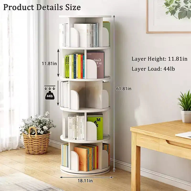 Étagère à Livres Pivotante, Tour de Bibliothèque Rotative à 360°, Étagère d'Angle à 5 Niveaux en Bois avec Roues pour Petits Espaces