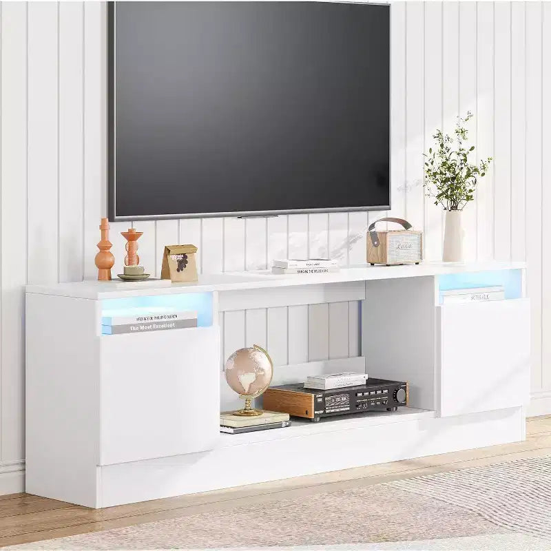 Meuble TV moderne blanc Acekool pour salon, meuble TV pour téléviseurs jusqu'à 75 pouces, avec armoires de rangement et espace pour foyer électrique, console de 70 pouces