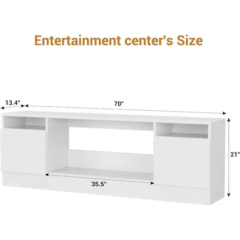 Meuble TV moderne blanc Acekool pour salon, meuble TV pour téléviseurs jusqu'à 75 pouces, avec armoires de rangement et espace pour foyer électrique, console de 70 pouces