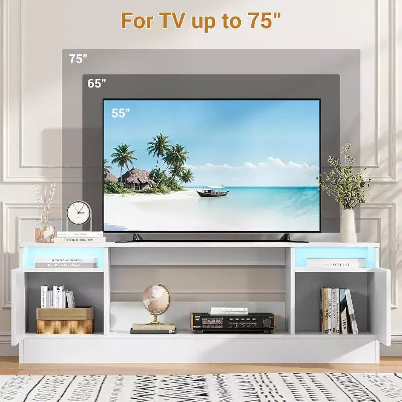 Meuble TV moderne blanc Acekool pour salon, meuble TV pour téléviseurs jusqu'à 75 pouces, avec armoires de rangement et espace pour foyer électrique, console de 70 pouces