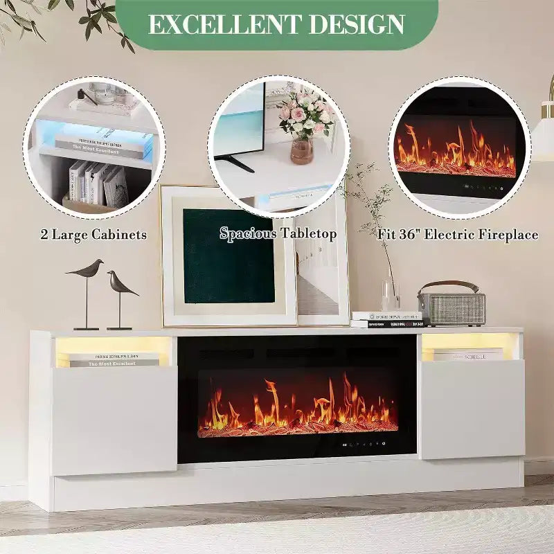 Meuble TV moderne blanc Acekool pour salon, meuble TV pour téléviseurs jusqu'à 75 pouces, avec armoires de rangement et espace pour foyer électrique, console de 70 pouces