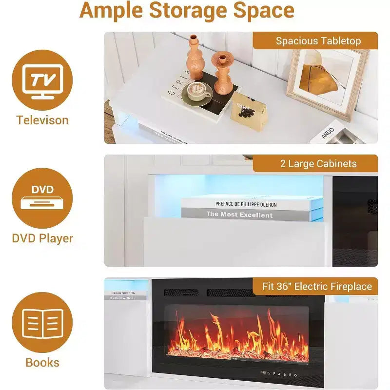 Meuble TV moderne blanc Acekool pour salon, meuble TV pour téléviseurs jusqu'à 75 pouces, avec armoires de rangement et espace pour foyer électrique, console de 70 pouces