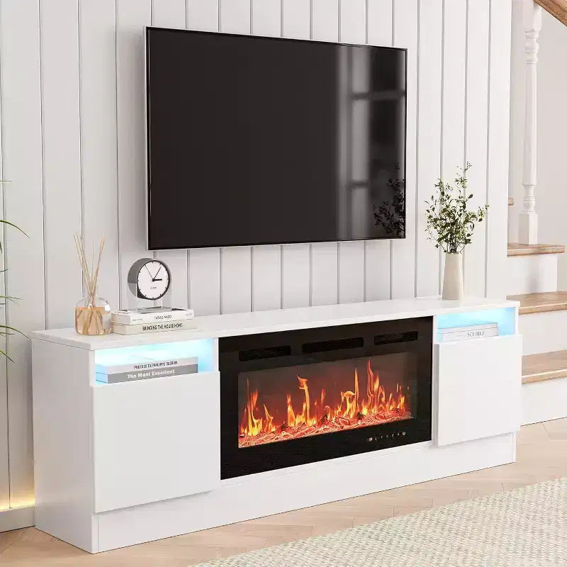 Meuble TV moderne blanc Acekool pour salon, meuble TV pour téléviseurs jusqu'à 75 pouces, avec armoires de rangement et espace pour foyer électrique, console de 70 pouces