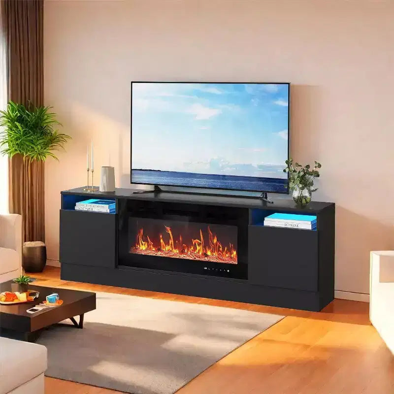 Meuble TV moderne blanc Acekool pour salon, meuble TV pour téléviseurs jusqu'à 75 pouces, avec armoires de rangement et espace pour foyer électrique, console de 70 pouces