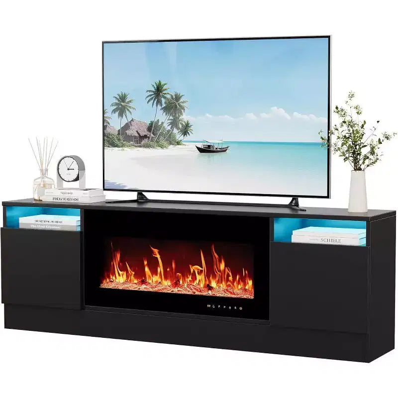 Meuble TV moderne blanc Acekool pour salon, meuble TV pour téléviseurs jusqu'à 75 pouces, avec armoires de rangement et espace pour foyer électrique, console de 70 pouces