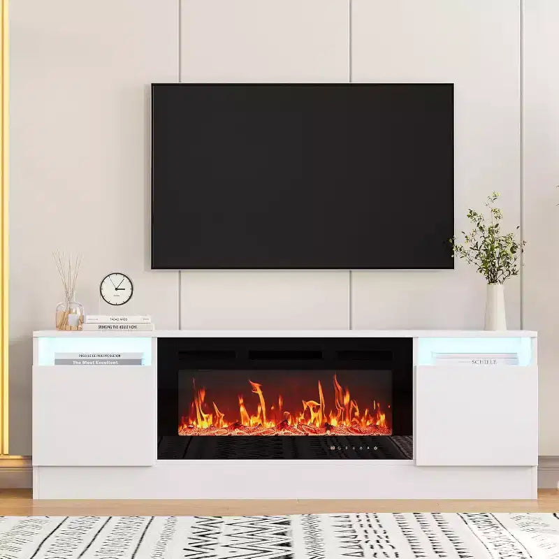 Meuble TV moderne blanc Acekool pour salon, meuble TV pour téléviseurs jusqu'à 75 pouces, avec armoires de rangement et espace pour foyer électrique, console de 70 pouces