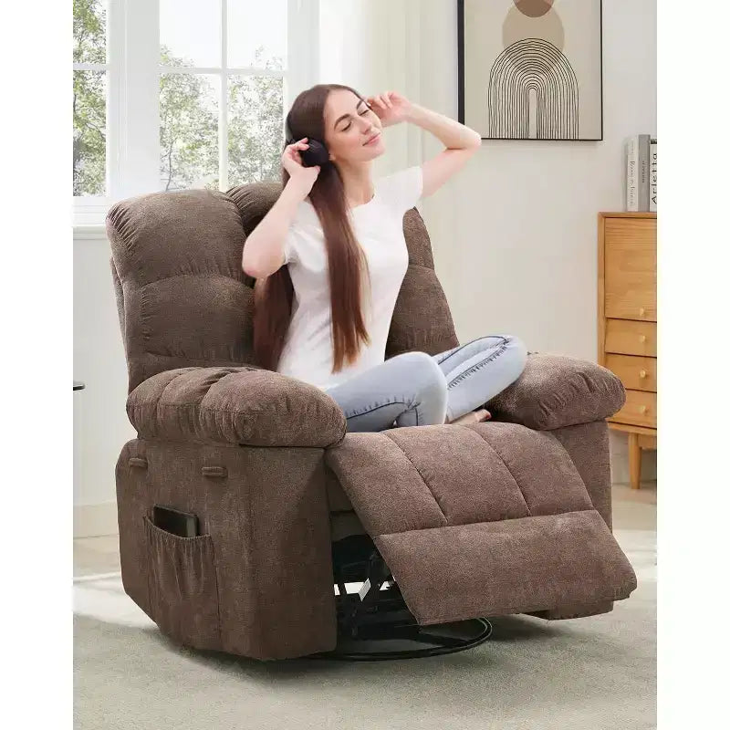 Fauteuil inclinable, Fauteuil à bascule pivotant à 360° pour petits espaces, Fauteuil de crèche en tissu rembourré avec poches latérales pour salon, Cadre en acier Q235