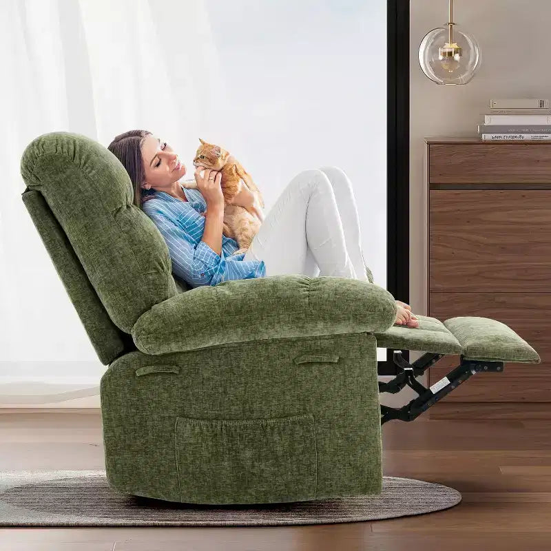 Fauteuil inclinable, Fauteuil à bascule pivotant à 360° pour petits espaces, Fauteuil de crèche en tissu rembourré avec poches latérales pour salon, Cadre en acier Q235