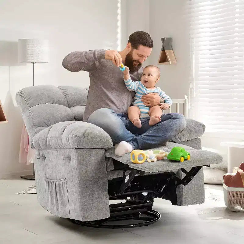 Fauteuil inclinable, Fauteuil à bascule pivotant à 360° pour petits espaces, Fauteuil de crèche en tissu rembourré avec poches latérales pour salon, Cadre en acier Q235