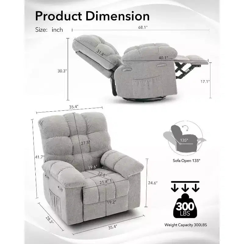Fauteuil inclinable, Fauteuil à bascule pivotant à 360° pour petits espaces, Fauteuil de crèche en tissu rembourré avec poches latérales pour salon, Cadre en acier Q235