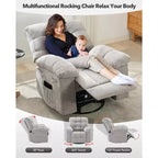 Fauteuil inclinable, Fauteuil à bascule pivotant à 360° pour petits espaces, Fauteuil de crèche en tissu rembourré avec poches latérales pour salon, Cadre en acier Q235