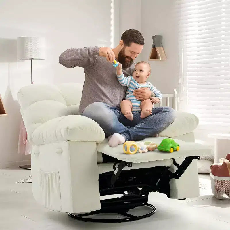 Fauteuil inclinable, Fauteuil à bascule pivotant à 360° pour petits espaces, Fauteuil de crèche en tissu rembourré avec poches latérales pour salon, Cadre en acier Q235