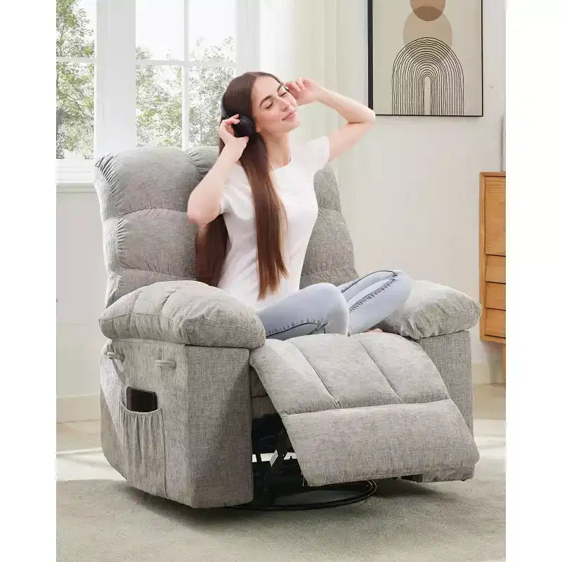 Fauteuil inclinable, Fauteuil à bascule pivotant à 360° pour petits espaces, Fauteuil de crèche en tissu rembourré avec poches latérales pour salon, Cadre en acier Q235