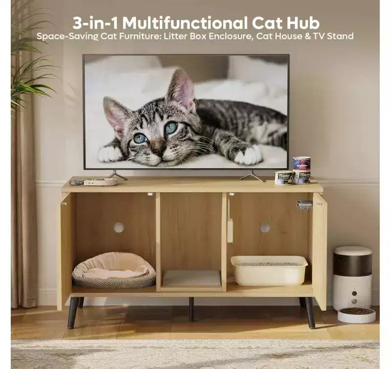 Bestier 47Meuble Cache-Litière pour Chat, Maison de Toilette pour Chat avec Tapis de Litière, Meuble TV pour Téléviseurs jusqu'à 55'' pour Salon, Chambre à Coucher