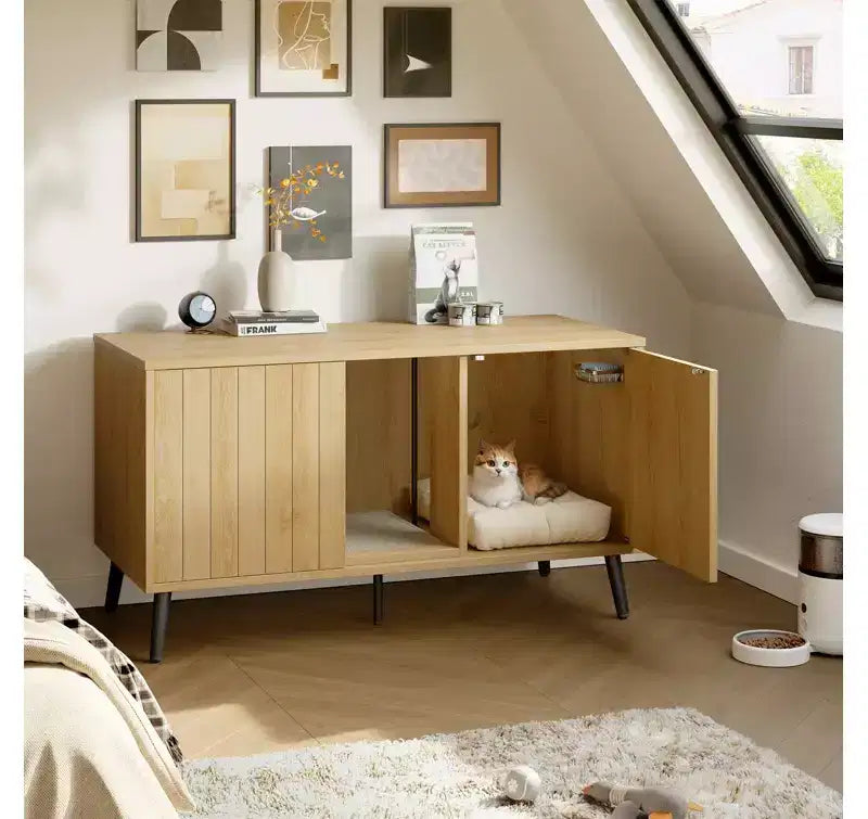 Bestier 47Meuble Cache-Litière pour Chat, Maison de Toilette pour Chat avec Tapis de Litière, Meuble TV pour Téléviseurs jusqu'à 55'' pour Salon, Chambre à Coucher