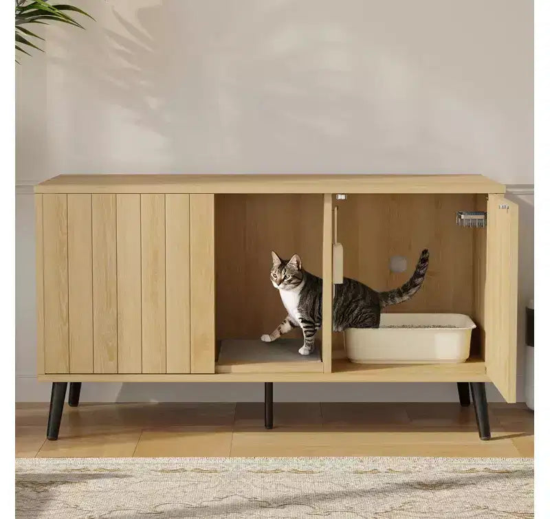 Bestier 47Meuble Cache-Litière pour Chat, Maison de Toilette pour Chat avec Tapis de Litière, Meuble TV pour Téléviseurs jusqu'à 55'' pour Salon, Chambre à Coucher