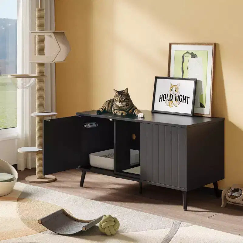 Bestier 47Meuble Cache-Litière pour Chat, Maison de Toilette pour Chat avec Tapis de Litière, Meuble TV pour Téléviseurs jusqu'à 55'' pour Salon, Chambre à Coucher