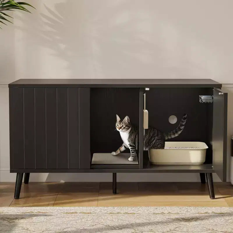 Bestier 47Meuble Cache-Litière pour Chat, Maison de Toilette pour Chat avec Tapis de Litière, Meuble TV pour Téléviseurs jusqu'à 55'' pour Salon, Chambre à Coucher