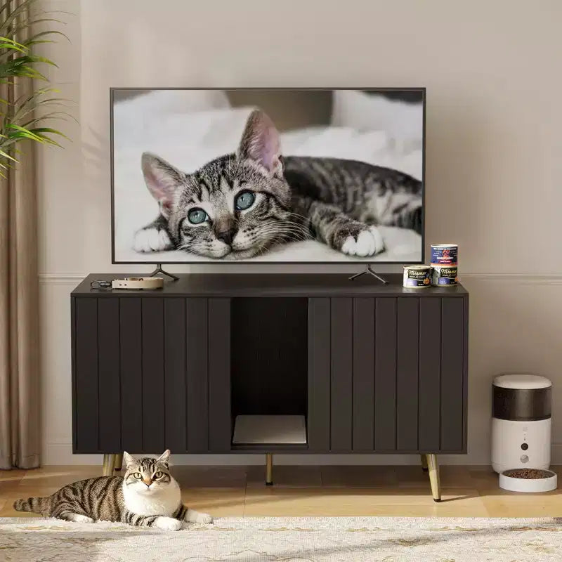 Bestier 47Meuble Cache-Litière pour Chat, Maison de Toilette pour Chat avec Tapis de Litière, Meuble TV pour Téléviseurs jusqu'à 55'' pour Salon, Chambre à Coucher