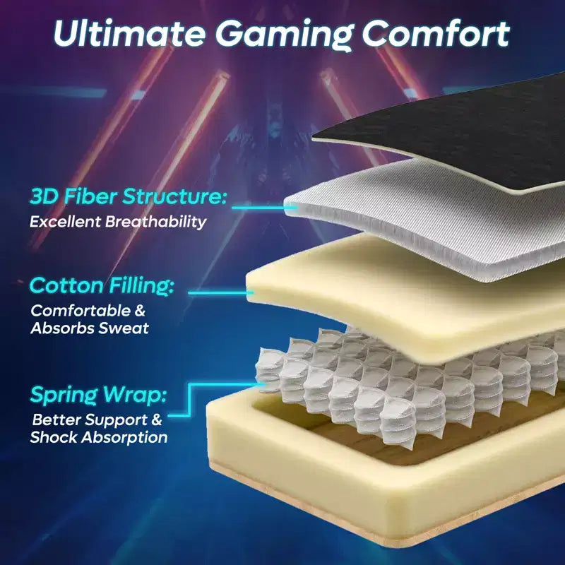 Chaise de jeu Bestier en tissu respirant avec éclairage LED RVB et accoudoirs réglables