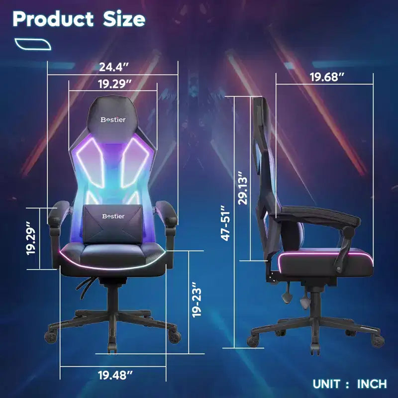 Chaise de jeu Bestier en tissu respirant avec éclairage LED RVB et accoudoirs réglables