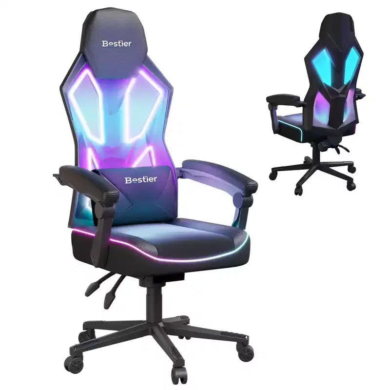 Chaise de jeu Bestier en tissu respirant avec éclairage LED RVB et accoudoirs réglables