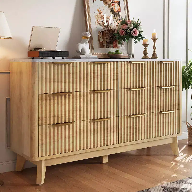 AMERLIFE Fluted 6-Drawer Dresser with Faux Marble Top, 54 Wide Chest of Drawers for Bedroom, Living Room, Hallway, Entryway