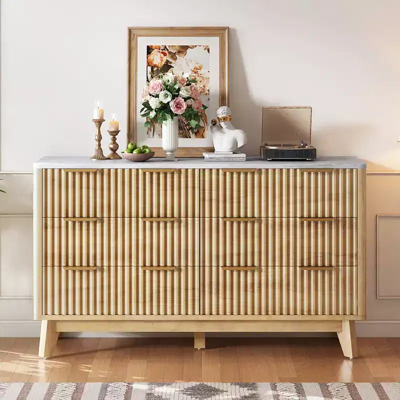 AMERLIFE Commode cannelée à 6 tiroirs avec plateau en faux marbre, 137 cm de large, pour chambre, salon, couloir, entrée