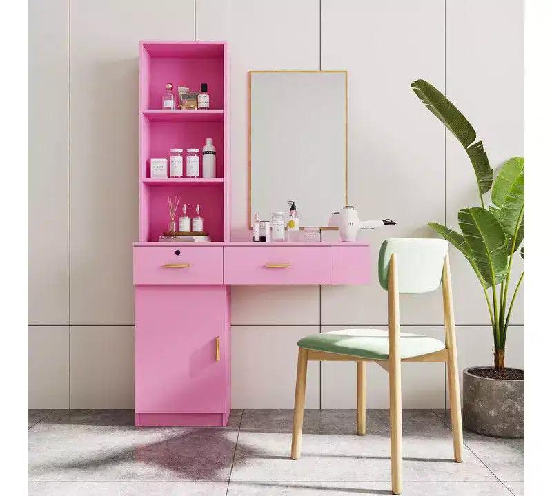 Coiffeuse Okak avec lumières, coiffeuse élégante et moderne avec système de rangement à plusieurs niveaux et miroir intégré, ensemble de maquillage de chambre pour l'espace, rose