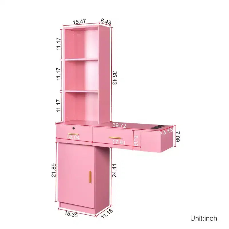 Coiffeuse Okak avec lumières, coiffeuse élégante et moderne avec système de rangement à plusieurs niveaux et miroir intégré, ensemble de maquillage de chambre pour l'espace, rose