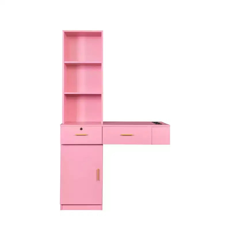 Coiffeuse Okak avec lumières, coiffeuse élégante et moderne avec système de rangement à plusieurs niveaux et miroir intégré, ensemble de maquillage de chambre pour l'espace, rose