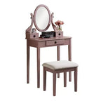 Coiffeuse et Chaise Okak, Ensemble Coiffeuse et Tabouret en Bois pour Chambre à Coucher et Salon, avec Miroir Élégant Forme Ovale, Or Rose