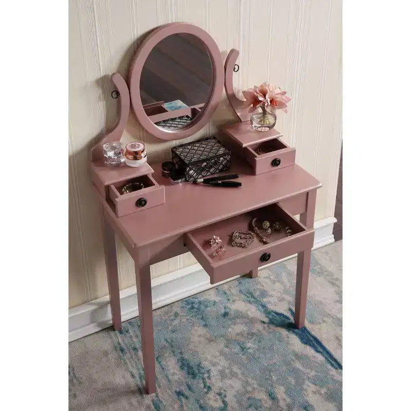 Coiffeuse et Chaise Okak, Ensemble Coiffeuse et Tabouret en Bois pour Chambre à Coucher et Salon, avec Miroir Élégant Forme Ovale, Or Rose