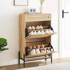 Meuble de rangement en rotin naturel Acekool avec 2 tiroirs basculants, étagères réglables et pieds en métal, organiseur de chaussures mince pour entrée