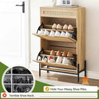 Meuble de rangement en rotin naturel Acekool avec 2 tiroirs basculants, étagères réglables et pieds en métal, organiseur de chaussures mince pour entrée