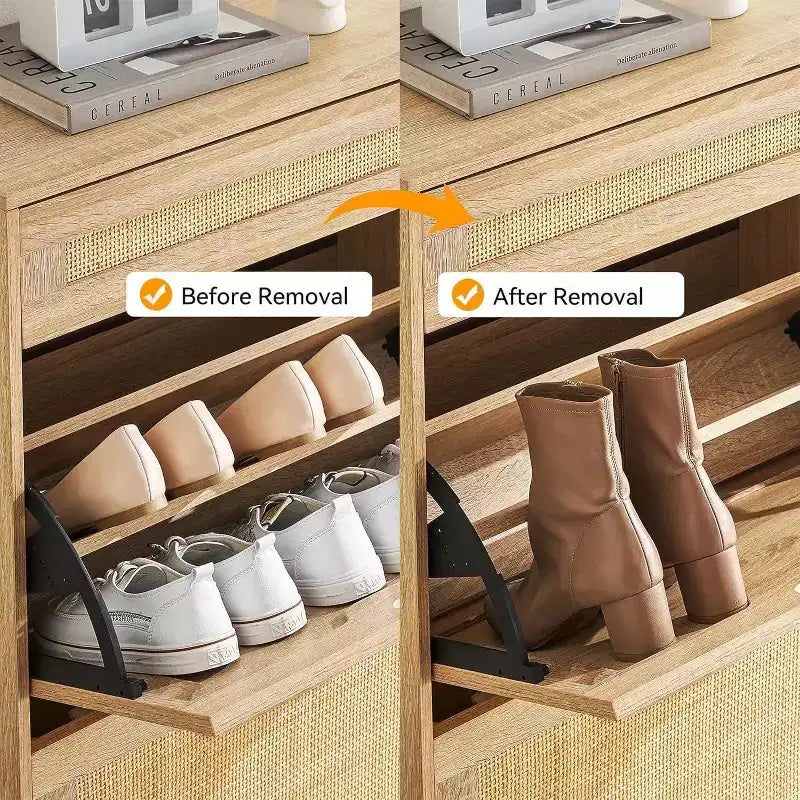 Meuble de rangement en rotin naturel Acekool avec 2 tiroirs basculants, étagères réglables et pieds en métal, organiseur de chaussures mince pour entrée