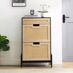 Meuble de rangement en rotin naturel Acekool avec 2 tiroirs basculants, étagères réglables et pieds en métal, organiseur de chaussures mince pour entrée