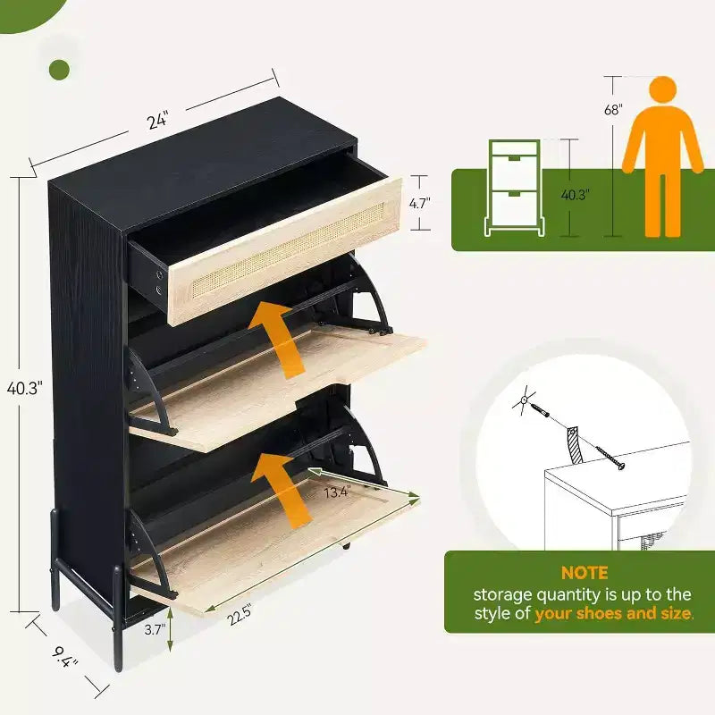 Meuble de rangement en rotin naturel Acekool avec 2 tiroirs basculants, étagères réglables et pieds en métal, organiseur de chaussures mince pour entrée