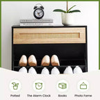 Meuble de rangement en rotin naturel Acekool avec 2 tiroirs basculants, étagères réglables et pieds en métal, organiseur de chaussures mince pour entrée