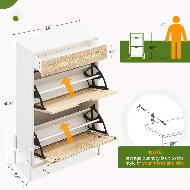 Meuble de rangement en rotin naturel Acekool avec 2 tiroirs basculants, étagères réglables et pieds en métal, organiseur de chaussures mince pour entrée