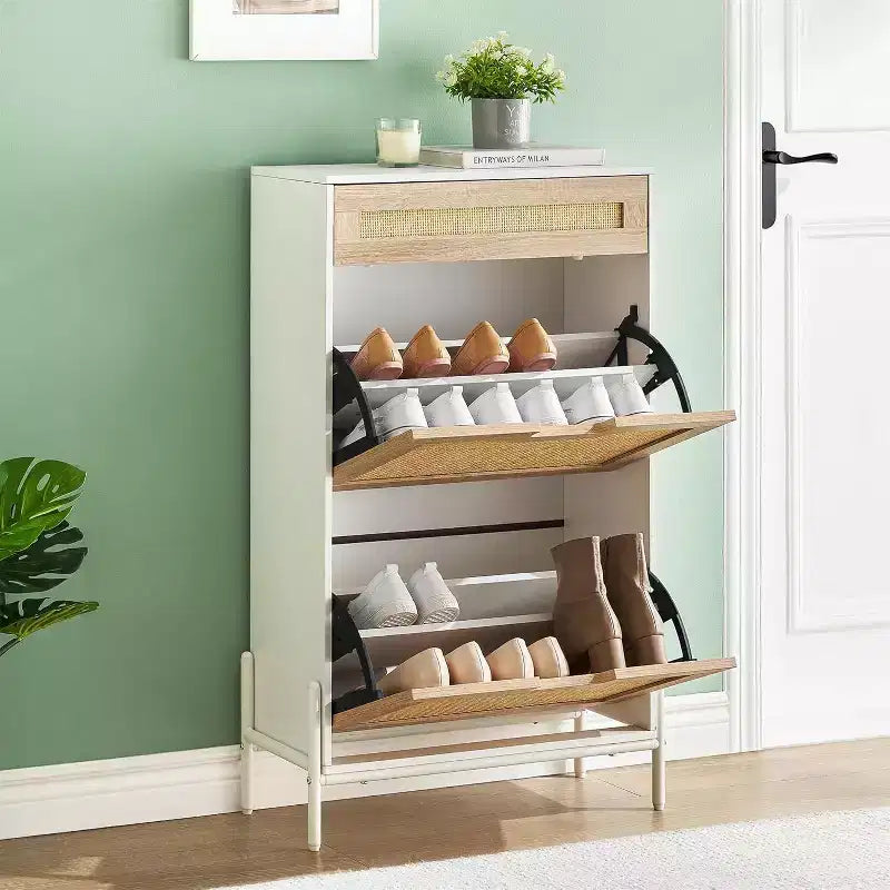Meuble de rangement en rotin naturel Acekool avec 2 tiroirs basculants, étagères réglables et pieds en métal, organiseur de chaussures mince pour entrée