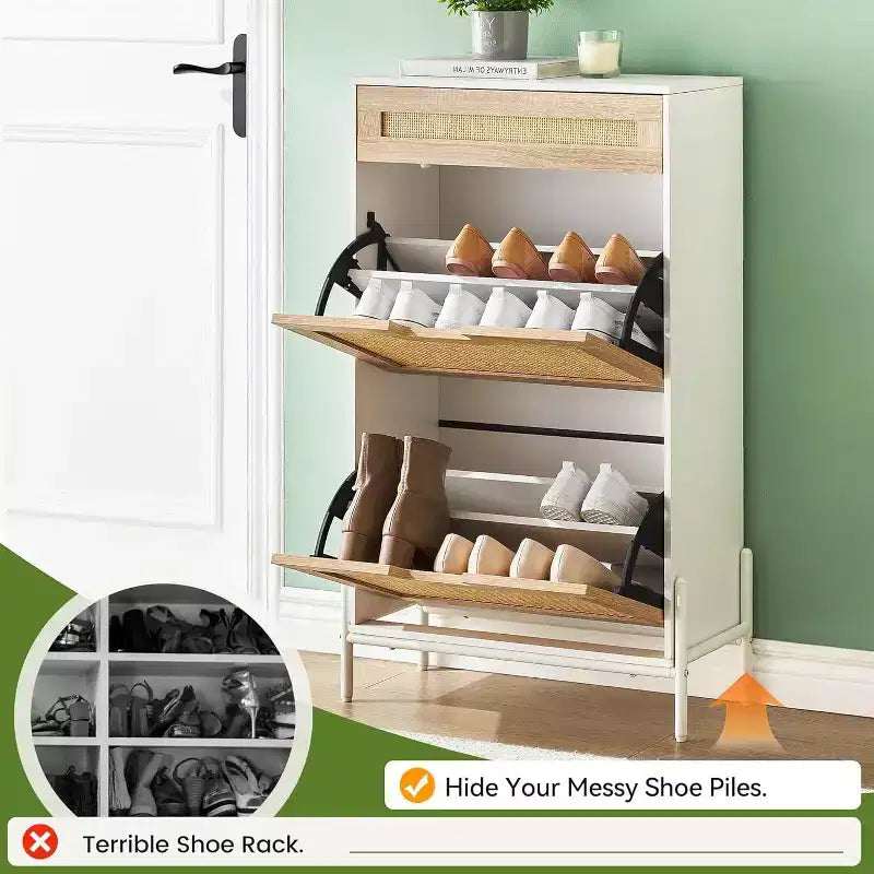 Meuble de rangement en rotin naturel Acekool avec 2 tiroirs basculants, étagères réglables et pieds en métal, organiseur de chaussures mince pour entrée