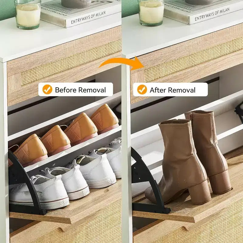 Meuble de rangement en rotin naturel Acekool avec 2 tiroirs basculants, étagères réglables et pieds en métal, organiseur de chaussures mince pour entrée