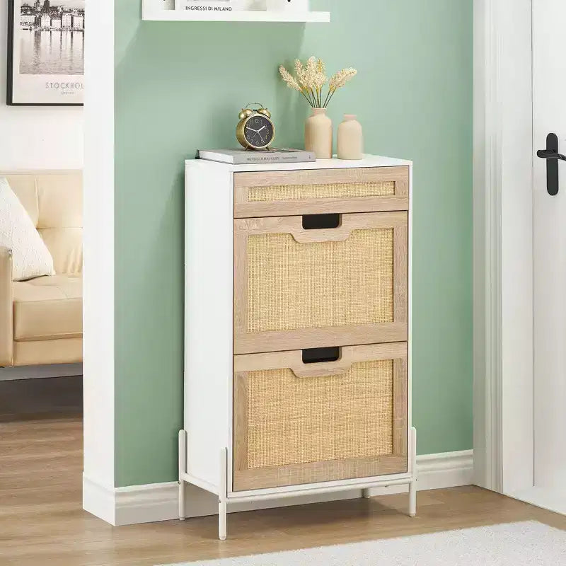 Meuble de rangement en rotin naturel Acekool avec 2 tiroirs basculants, étagères réglables et pieds en métal, organiseur de chaussures mince pour entrée