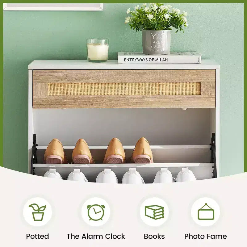 Meuble de rangement en rotin naturel Acekool avec 2 tiroirs basculants, étagères réglables et pieds en métal, organiseur de chaussures mince pour entrée