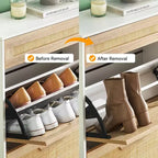 Meuble de rangement en rotin naturel Acekool avec 2 tiroirs basculants, étagères réglables et pieds en métal, organiseur de chaussures mince pour entrée